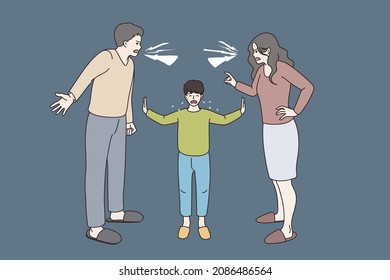 Conflicto y lucha en el concepto de familia. Niño pequeño llorando parado entre dos padres gritando enojados tratando de consolar la ilustración vectorial 