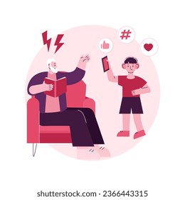 Conflict of generations abstract concept vector illustration. Generational conflict, ok boomer, intergenerational solidarity, communication adults and kids, son father, grow up abstract metaphor.