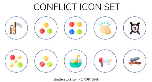 conflict icon set. 10 flat conflict icons.  Collection Of - weapon, ammunition, punch, protest, cannon