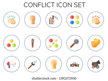 conflict icon set. 15 flat conflict icons.  Collection Of - punch, ammunition, fist, weapons, weapon, fists, protest, cannon