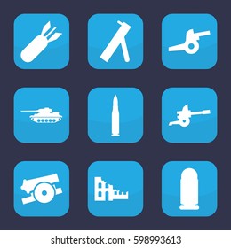 conflict icon. Set of 9 filled conflict icons such as rocket bomb, cannon, bullet, tank