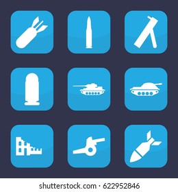 Conflict icon. set of 9 filled conflict icons such as rocket bomb, cannon, bullet, tank