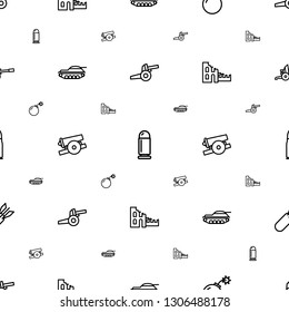 conflict icons pattern seamless white background. Included editable outline cannon, bullet, bomb, tank, broken house, rocket bomb icons. conflict icons for web and mobile.