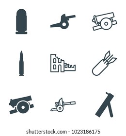 Conflict icons. set of 9 editable filled and outline conflict icons such as cannon, bullet, rocket bomb