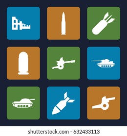 Conflict icons set. set of 9 conflict filled icons such as rocket bomb, cannon, bullet, tank
