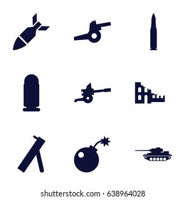 Conflict icons set. set of 9 conflict filled icons such as bomb, rocket bomb, cannon, bullet, tank