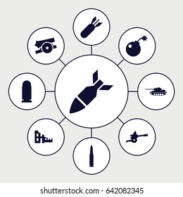 Conflict icons set. set of 9 conflict filled icons such as bomb, rocket bomb, cannon, bullet, tank