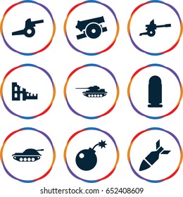 Conflict icons set. set of 9 conflict filled icons such as bomb, rocket bomb, cannon, bullet, tank