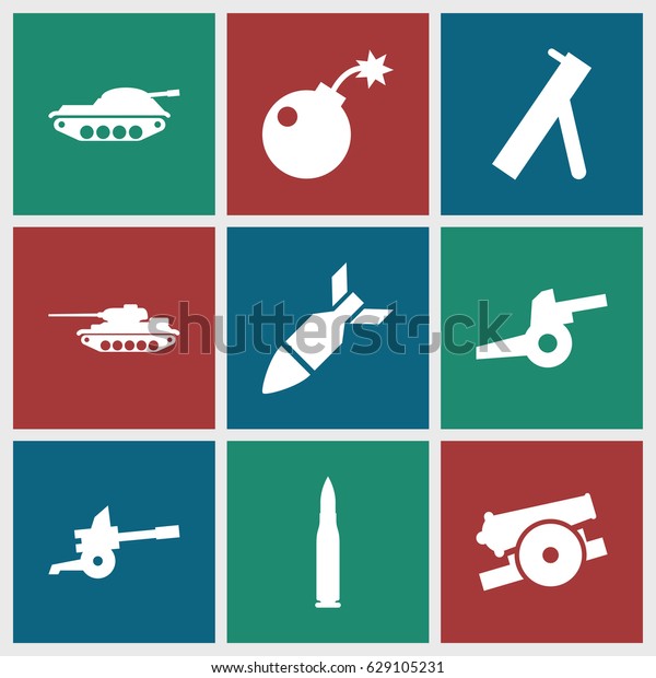 Conflict icons set. set of 9\
conflict filled icons such as bomb, rocket bomb, cannon,\
bullet