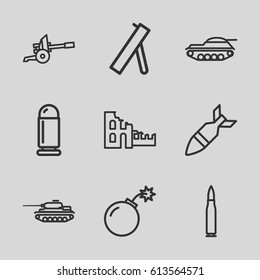 Conflict icons set. set of 9 conflict outline icons such as bomb, rocket bomb, cannon, bullet, tank