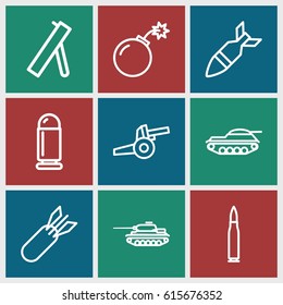 Conflict icons set. set of 9 conflict outline icons such as bomb, rocket bomb, cannon, bullet