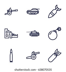 Conflict icons set. set of 9 conflict outline icons such as bomb, rocket bomb, cannon, bullet, tank