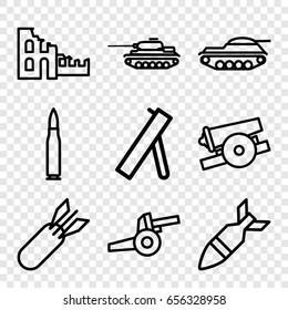 Conflict icons set. set of 9 conflict outline icons such as rocket bomb, cannon, bullet, tank