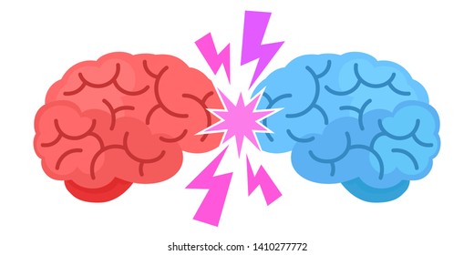 Conflict of ideas. Mind games, dispute. Brainstorming concept. Red brain versus blue mind. Vector illustration, flat cartoon style. Isolated on white background.