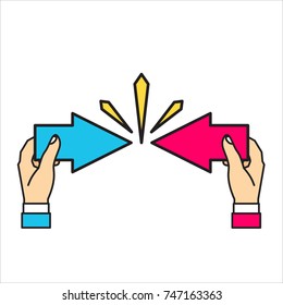 Conflict of interest. Business concept. arrows red and blue against each other. Vector illustration flat design. Isolated on white.Competitiveness symbol.