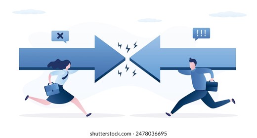 Conflicto de intereses, concepto de negocio. Los empresarios corren uno hacia el otro y mantienen flechas gigantes. Rivalidad, confrontación, opinión diferente. Símbolo de competitividad. Conflicto familiar. Vector