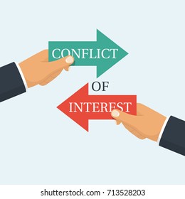 Conflict of interest. Business concept. Two businessmen keep the arrows red and green against each other. Vector illustration flat design. Isolated on white. Rivalry metaphor. Competitiveness symbol.