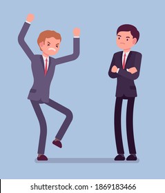 Conflict of interest for businessmen, professional, business, individual benefit. Men handling difficult emotions in professional life, work, non-fair trade. Vector flat style cartoon illustration