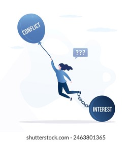 Conflict of interest. Difficulty decision choice. Money, business management. Proof of vision in problem solving. Unhappy Businesswoman tied up with balloon and stone. Flat vector illustration