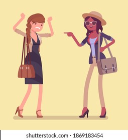 Conflict of interest for girlfriends, professional, difference of opinions. Emotional friends communicating badly, stress relief difficulty, girls get jealous. Vector flat style cartoon illustration