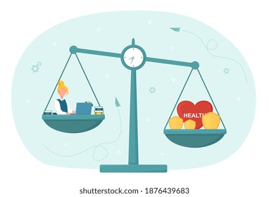 Conflict of interest with health care and work. Concept of imbalance comparison. Healthy lifestyle, tired exhausted stressed worker doing job at office desk on scales. Flat cartoon vector illustration
