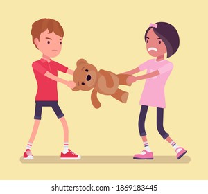 Conflict Of Interest, Little Boy And Girl Sharing Toy Bear. Brother And Sister Jealousy Childhood Problem, Sibling Rivalry, Family Feelings And Aggression. Vector Flat Style Cartoon Illustration