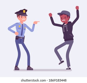 Conflict of interest for policeman and criminal. Police abuse, excessive use of force dealing with young suspect and civilian, treat with cruel words, violence. Vector flat style cartoon illustration