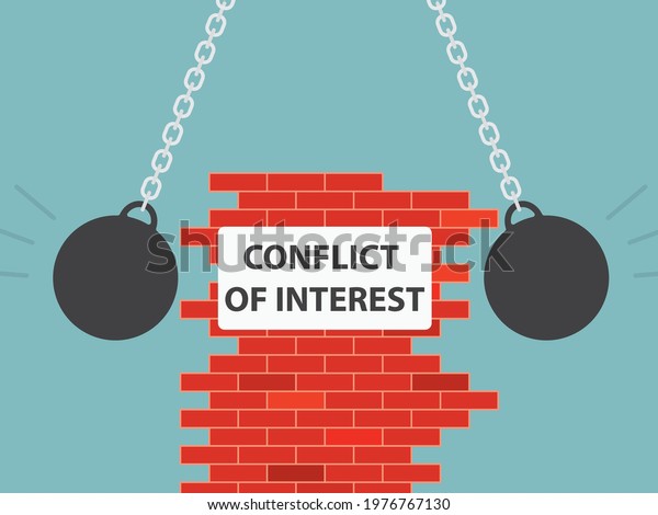 conflict of interest wriiten on brick wall\
wrecking from two sides- vector\
illustration