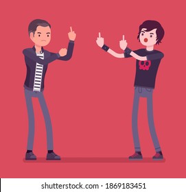 Conflict of interest for young hooligans, heated argument and disagreement. Violent teens in aggressive behavior, impulsive conduct, show offensive rude signs. Vector flat style cartoon illustration
