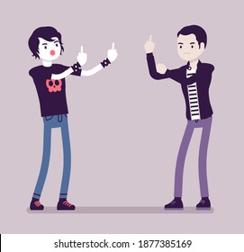 Conflict of interest for young hooligans, heated argument and disagreement. Violent teens in aggressive behavior, impulsive conduct, show offensive rude signs. Vector creative stylized illustration