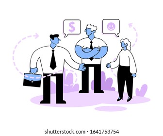 Conflict of interests. Business people having an argument with money and emoji symbols above their heads. Office conflict and solution. Cartoon style flat vector illustration. Isolated on white.