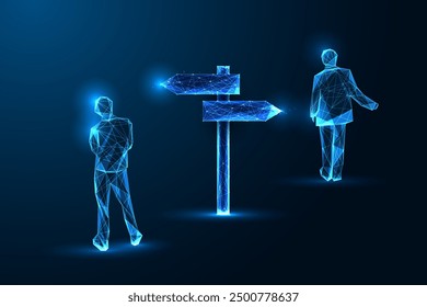Conflict of interests, disagreement, business tension abstract concept with two men silhouettes with signpost showing opposite directions on dark blue background. Glowing polygonal vector illustration