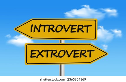 Conflict of Introvert vs Extrovert, Introvert - Extroverter Wegweiser mit Himmelshintergrund, Vektorgrafik