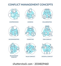 Conflict Management Blue Concept Icons Set. Solving Relationship Issues. Work Relations. Resolving Team Arguments Idea Thin Line Color Illustrations. Vector Isolated Outline Drawings. Editable Stroke