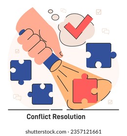 Gestión de conflictos. Carácter con habilidad para resolver conflictos. La persona resuelve un enfrentamiento, encuentra un compromiso en opiniones opuestas. Capacidad de negociación y mediación. Ilustración vectorial plana