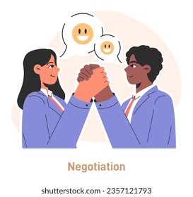 Gestión de conflictos. Carácter con habilidad para resolver conflictos. La persona resuelve un enfrentamiento, encuentra un compromiso en opiniones opuestas. Capacidad de negociación y mediación. Ilustración vectorial plana
