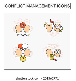 Conflict Management Color Icons Set.Conflict Between Two Persons, Open Dialogue, Resolution Formalizing Agreements.Dispute Resolution.Communication Concept.Isolated Vector Illustration