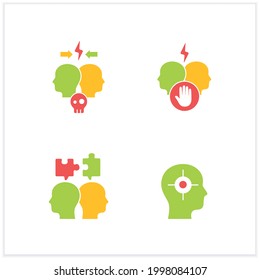 Conflict management flat icons set. Dispute resolution.Compromising, identifying triggers, stress management.Communication concept. Vector illustration
