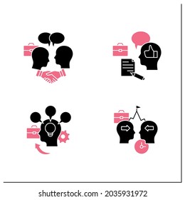 Conflict management glyph icons set. Conflict between two persons. Showing respect, feedback, accommodating, competing.Filled flat signs. Isolated silhouette vector illustrations