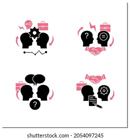 Conflict management glyph icons set.Conflict between two persons, open dialogue, resolution formalizing agreements.Dispute resolution.Filled flat signs. Isolated silhouette vector illustrations 