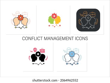 Conflict management icons set.Conflict between two persons.Successfully handles,resolves issues sensibly and fairly.Collection of icons in linear, filled, color styles.Isolated vector illustrations