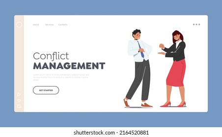 Conflict Management Landing Page Template. Office Colleagues Fighting, Quarrel and Arguing, Conflict between Business Man and Woman. Characters Fight, Disagreement. Cartoon People Vector Illustration
