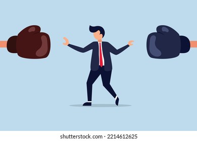 Conflict management, leadership skill to compromise and solving argument problem, businessman leader stand in the middle to stop conflicted boxing globe fighting.