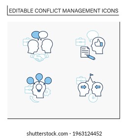 Conflict management line icons set. Conflict between two persons. Showing respect, feedback, accommodating, competing.Communication concept. Isolated vector illustration. Editable stroke