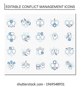 Iconos de línea de administración de conflictos establecidos. Conflicto entre dos personas. Resolución de disputas.Comprometing.Concepto de comunicación. Ilustración vectorial aislada. Trazo editable