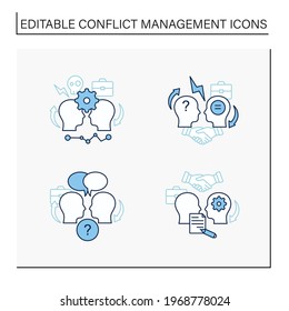 Conflict management line icons set.Conflict between two persons, open dialogue, resolution formalizing agreements.Dispute resolution.Communication concept.Isolated vector illustration. Editable stroke