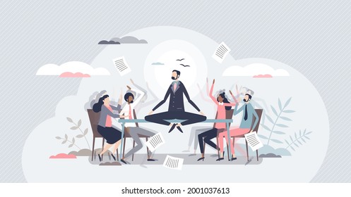 Conflict management and make compromise and mediation tiny person concept. Fighting, arguing and confrontation in workplace between opponents vector illustration. Calm communication despite discussion