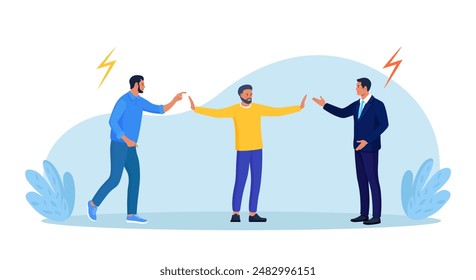 Conflict management. Man stopping conflict or fighting. Leadership skill to compromise and solving argument problem. Disagreement communication, negotiation. Business deal conversation