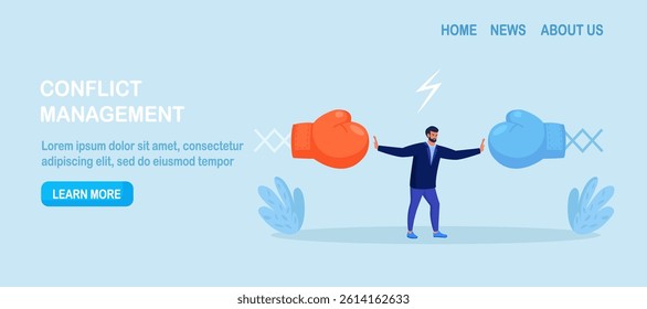 Conflict management. Man stopping conflict or fighting. Leadership skill to compromise and solving argument problem. Disagreement communication, negotiation. Business deal conversation