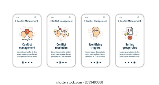 Conflict management onboarding mobile app screens. Resolving conflict between two people steps menu. Set of UI, UX, web template with RGB color linear icons